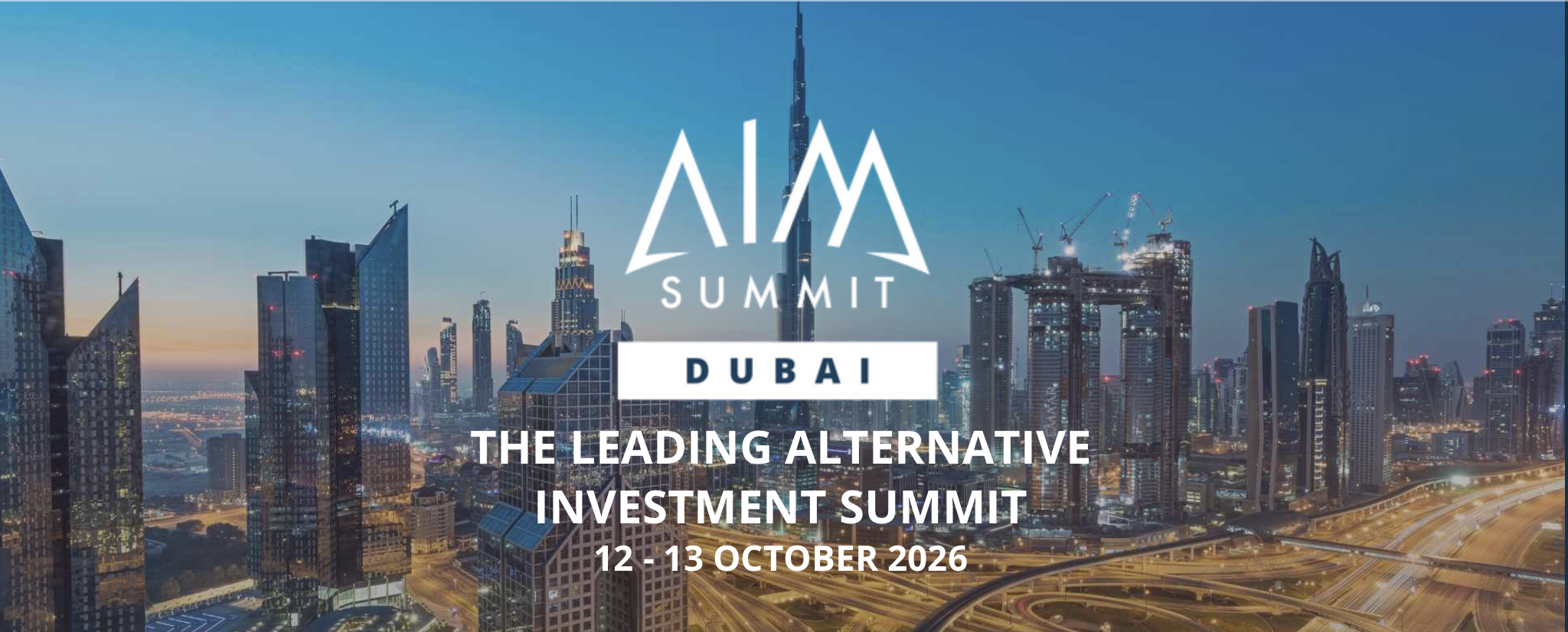 AIM Summit Dubai skyline graphic, 12–13 October 2026.